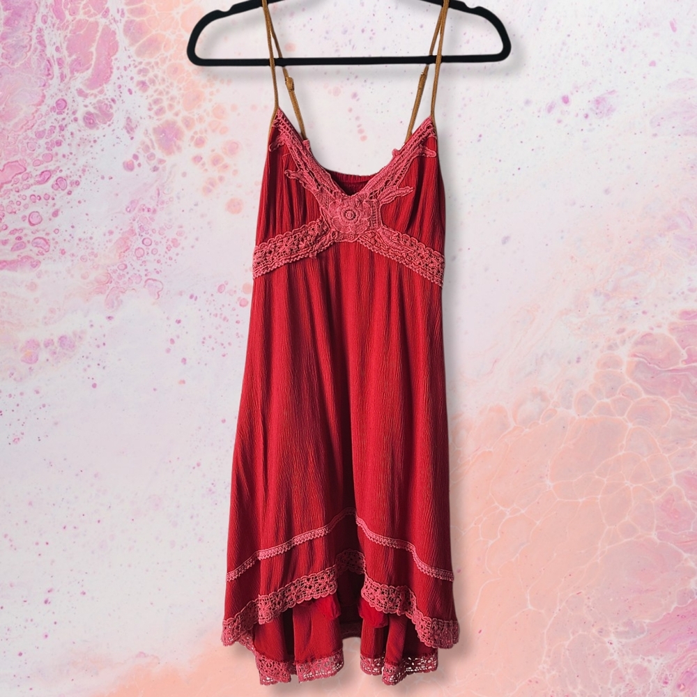 Miss Me Red & Pink Spaghetti Strap Lace Mini Dress